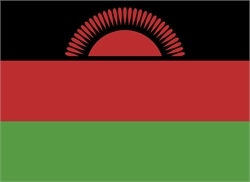 [ai] The flag of Malawi featuring three horizontal stripes: black at the top, red in the middle, and green at the bottom. A red sun with 16 rays is displayed on the black stripe.